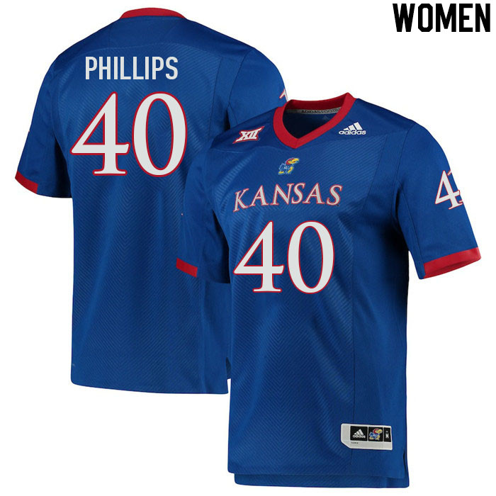 Women #40 Devin Phillips Kansas Jayhawks College Football Jerseys Stitched Sale-Royal - Click Image to Close